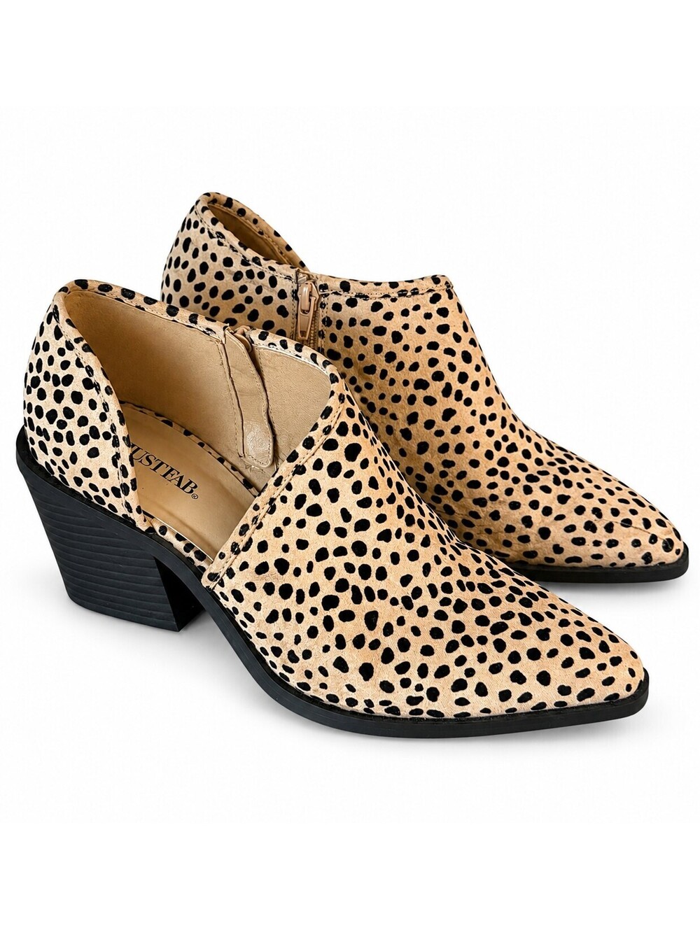 JUSTFAB Women's Animal Print Pointed Toe Booties with Side Zipper